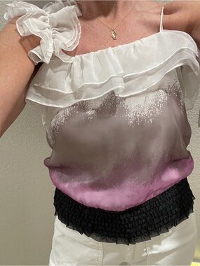 Arden B One-Shoulder Ruffle Camisole in White, Gray & Pink